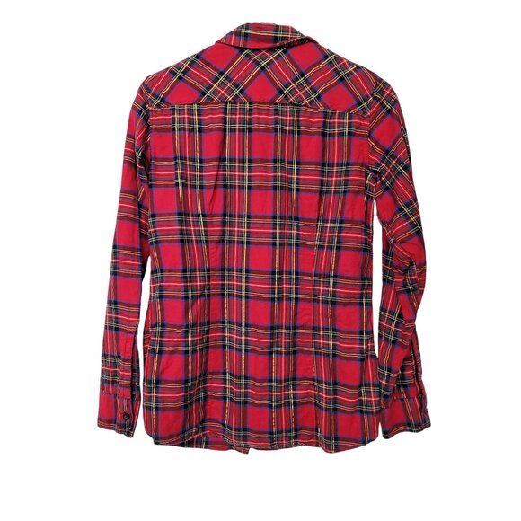 Eddie Bauer Womens Red Plaid Button-Down Shirt Classic Fit Small Cotton Metallic - Picture 2 of 5